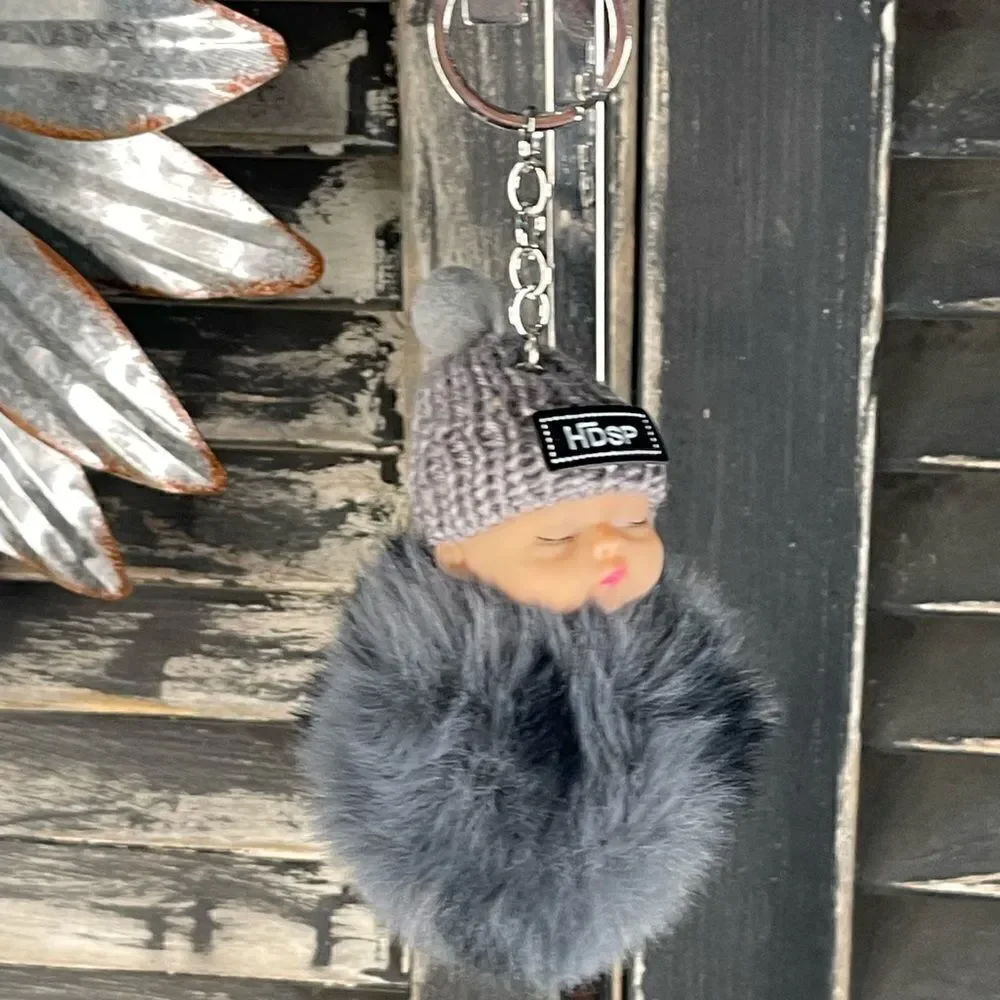 Pom Baby Keychain-Gray & Black w/Hat